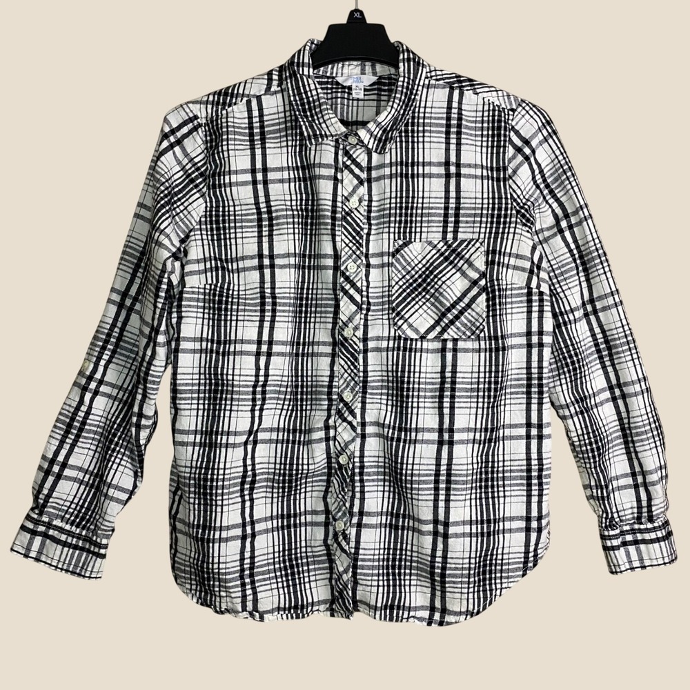 Time and Tru Plaid Button Down Women XL(16-18) White Black Metallic Lurex Casual